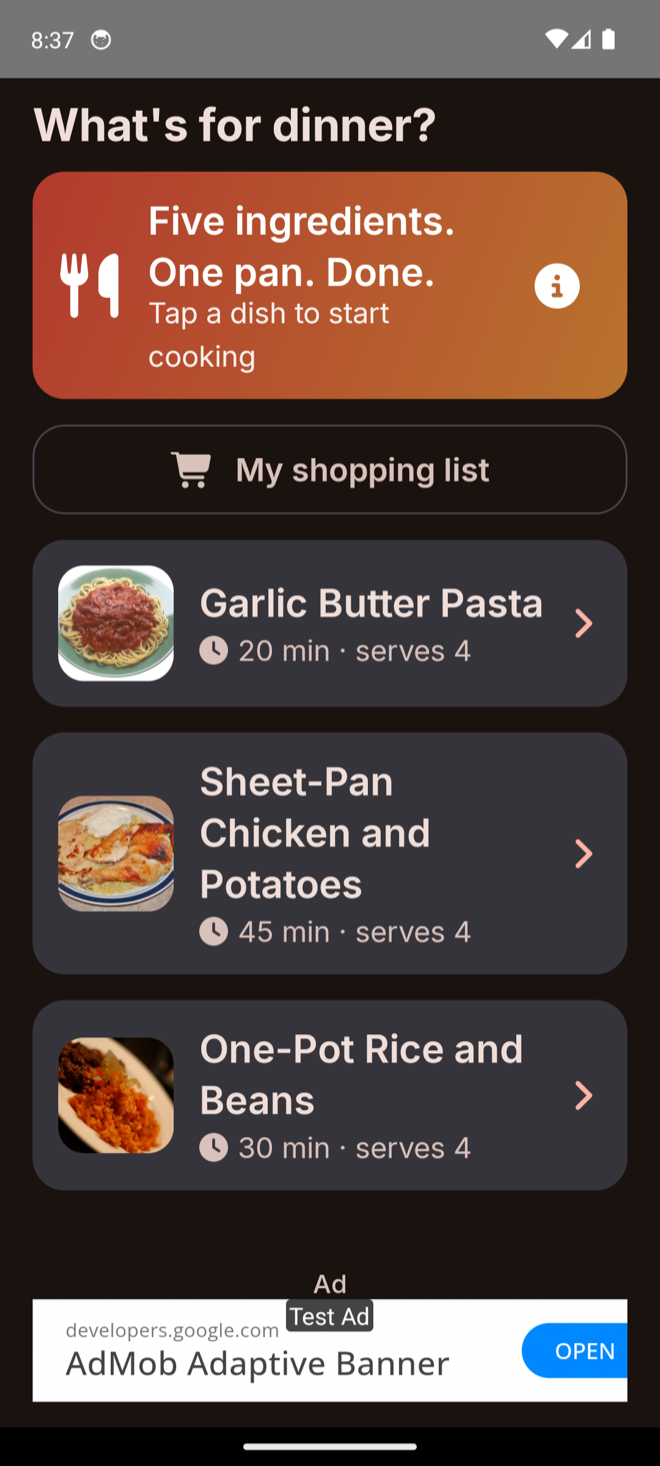 The same recipe list shown in dark mode