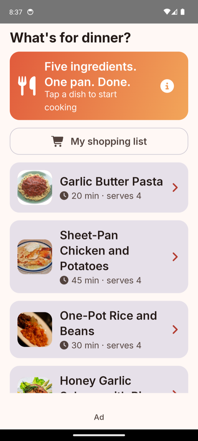 Recipe list with photos, cook times and servings